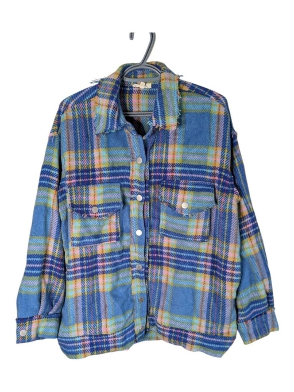 La Miel Blue/Pink/Yellow Plaid Fleece Shacket Cut Edge Snap Down Sz Sm Oversized